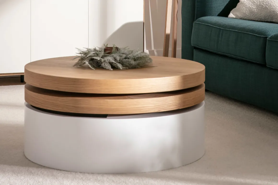 Miliboo Table Basse-Table basse ronde avec plateaux pivotants et rangement blanc et bois clair chêne D80 cm ICON