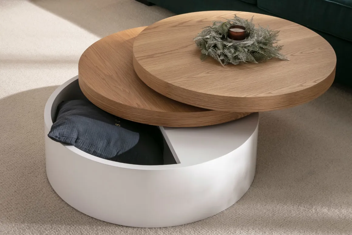 Miliboo Table Basse-Table basse ronde avec plateaux pivotants et rangement blanc et bois clair chêne D80 cm ICON