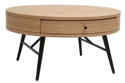 Miliboo Table Basse-Table basse ronde avec tiroir bois clair et métal noir D82 cm KORAL