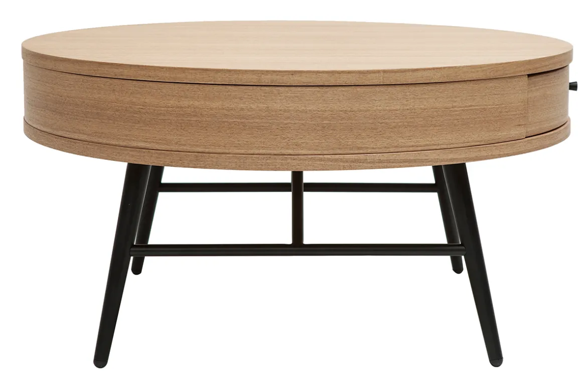 Miliboo Table Basse-Table basse ronde avec tiroir bois clair et métal noir D82 cm KORAL