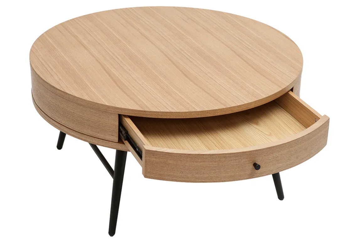 Miliboo Table Basse-Table basse ronde avec tiroir bois clair et métal noir D82 cm KORAL