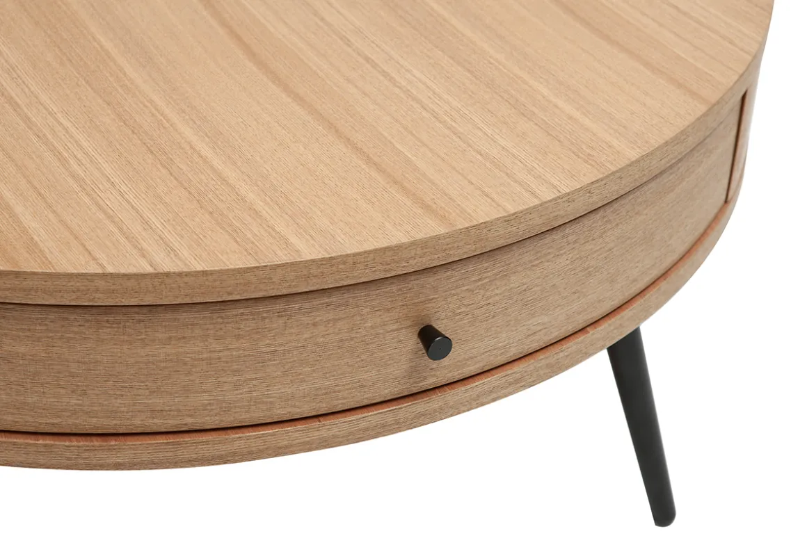 Miliboo Table Basse-Table basse ronde avec tiroir bois clair et métal noir D82 cm KORAL