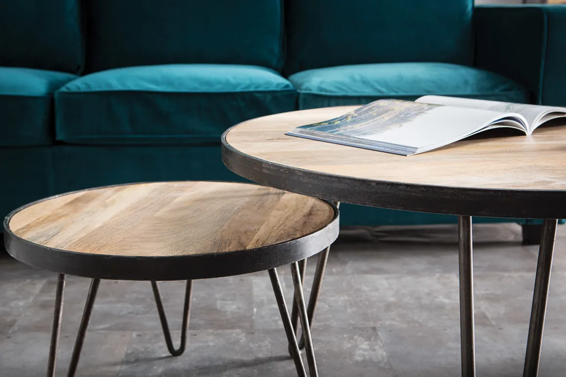 Miliboo Table Basse|Table D'appoint-Table basse ronde industrielle bois manguier massif et métal noir D50 cm ATELIER