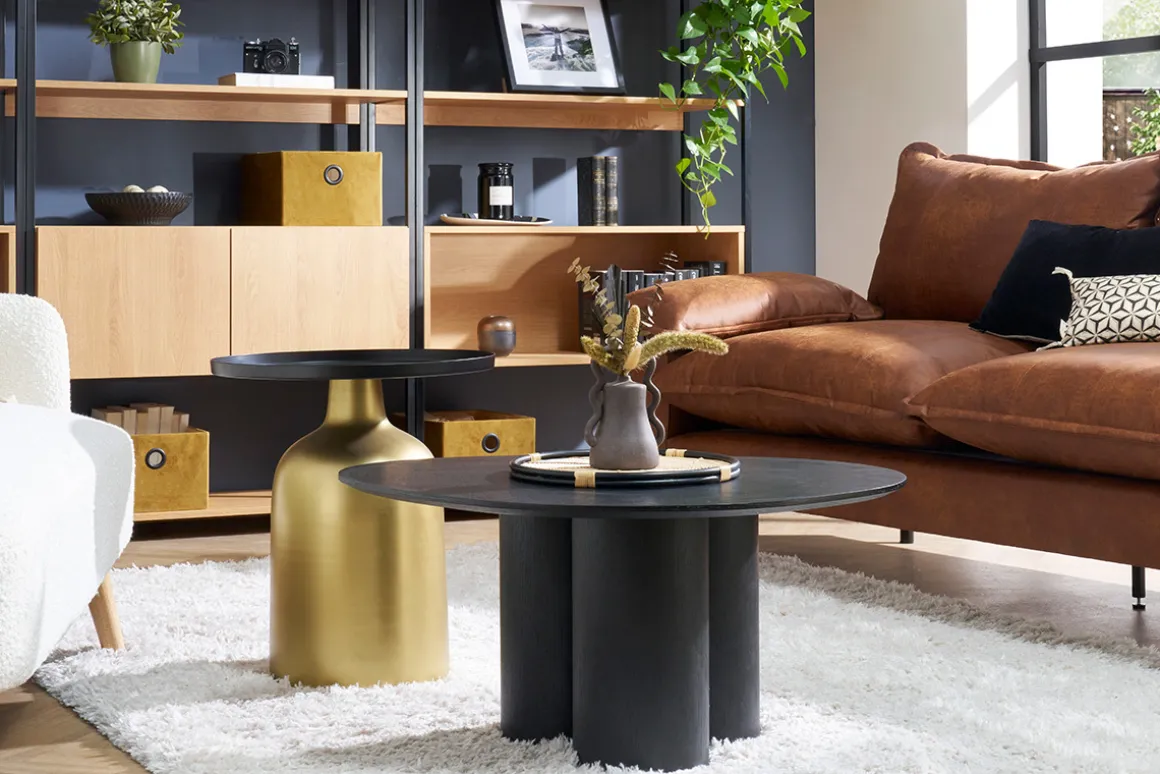 Miliboo Table D'appoint-Table d'appoint design ronde en métal doré et plateau noir mat RAMSES