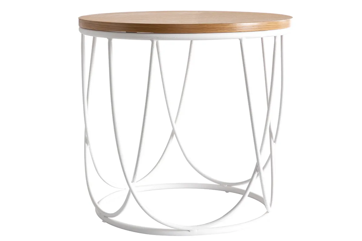 Miliboo Table Basse|Table D'appoint-Table d'appoint ronde bois clair chêne et métal blanc D42 cm LACE