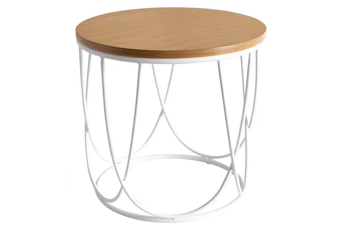Miliboo Table Basse|Table D'appoint-Table d'appoint ronde bois clair chêne et métal blanc D42 cm LACE