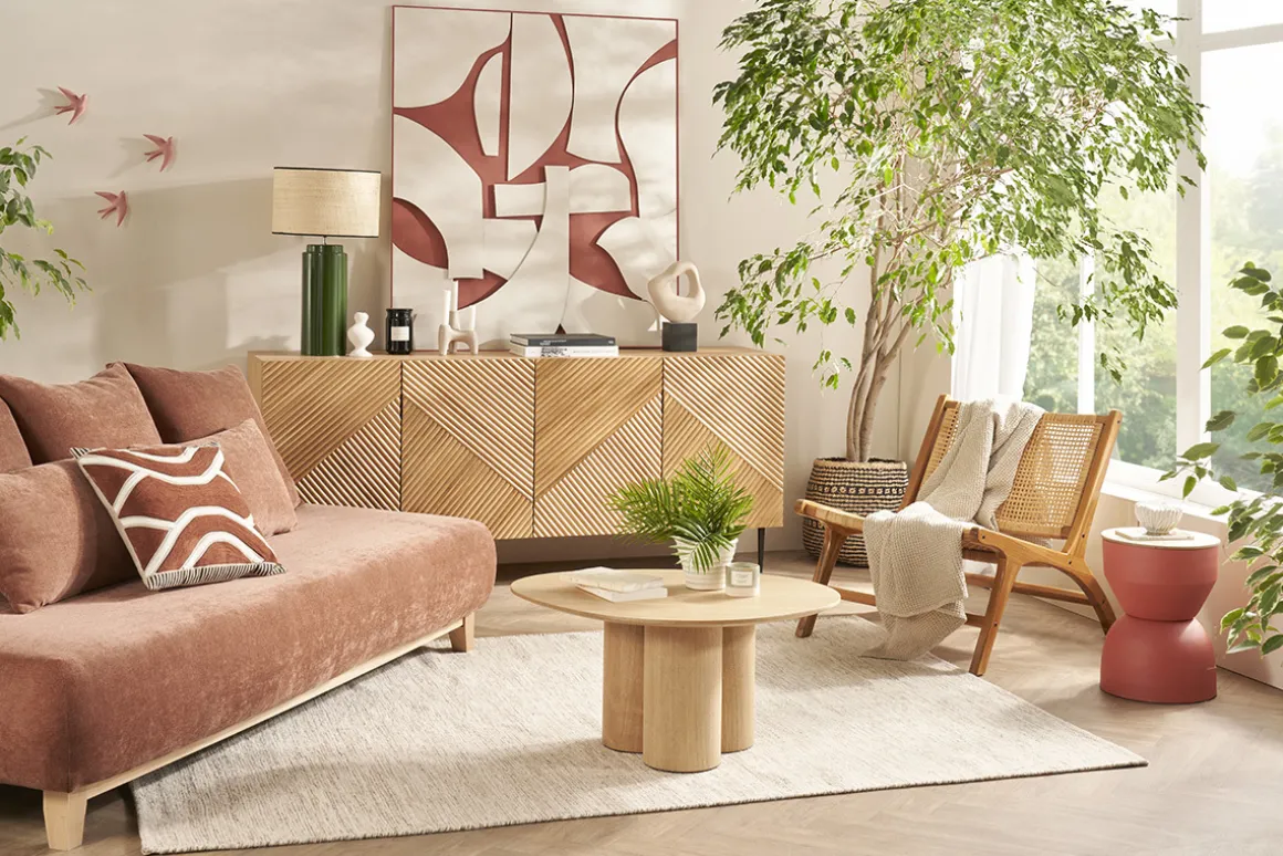 Miliboo Table D'appoint-Table d'appoint ronde design avec rangement en métal terre brulée et bois manguier massif D30 cm YOYO