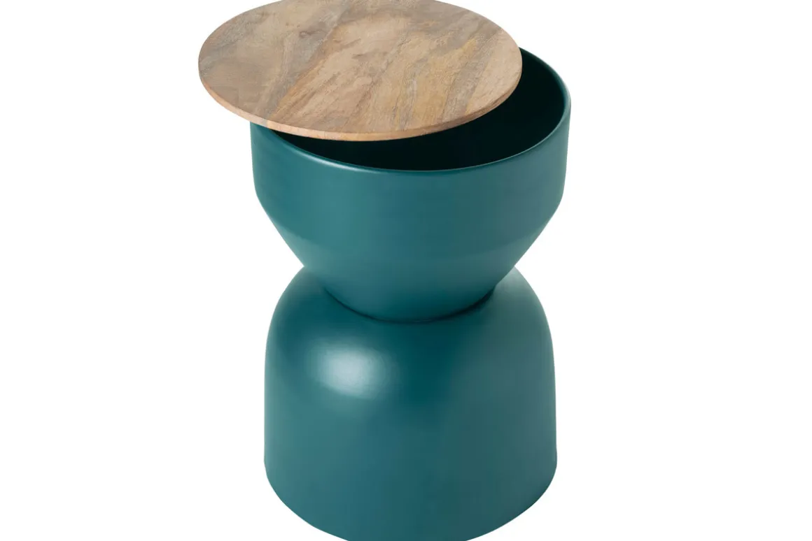 Miliboo Table D'appoint-Table d'appoint ronde design avec rangement en métal bleu canard et bois manguier massif D30 cm YOYO