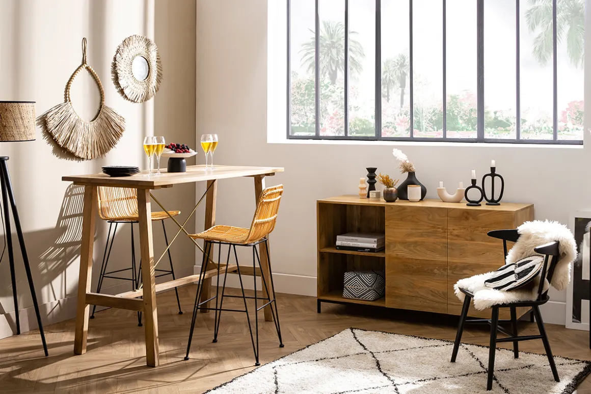 Miliboo Table De Bar / Bar-Table de bar en bois manguier massif et métal doré L130 cm MARGHA