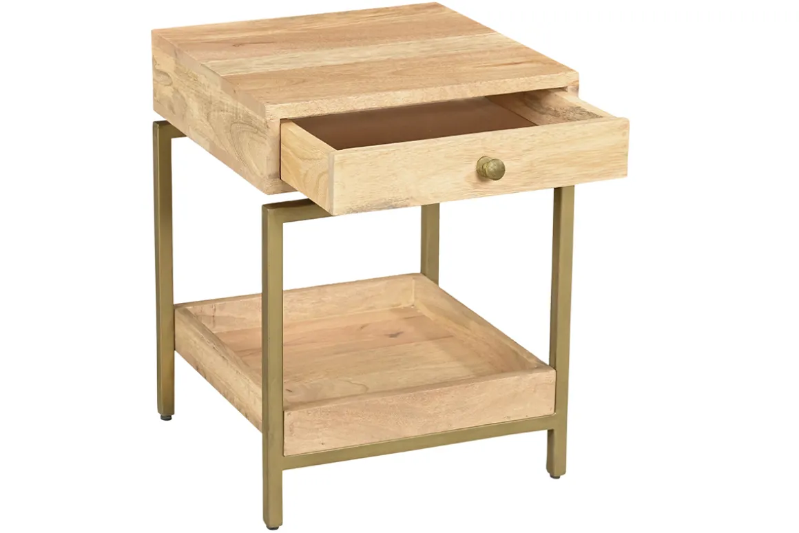 Miliboo Table De Chevet-Table de chevet avec rangements en bois manguier massif et métal doré OCTAVIE