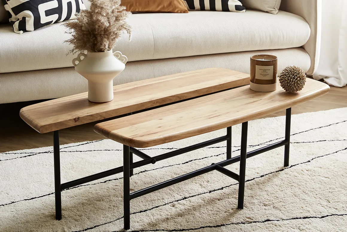 Miliboo Table Basse-Tables basses gigognes 2 plateaux en bois massif et métal noir SUZANE