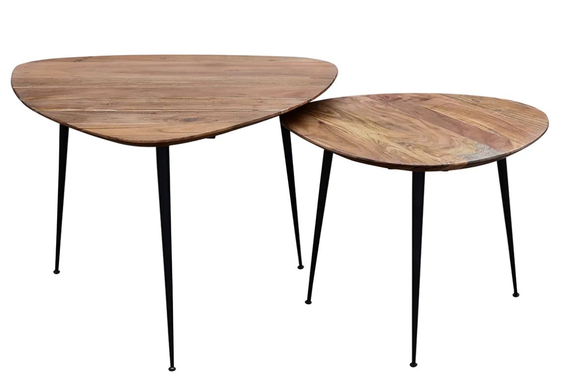 Miliboo Table Basse-Tables basses gigognes bois massif et métal noir (lot de 2) STONES