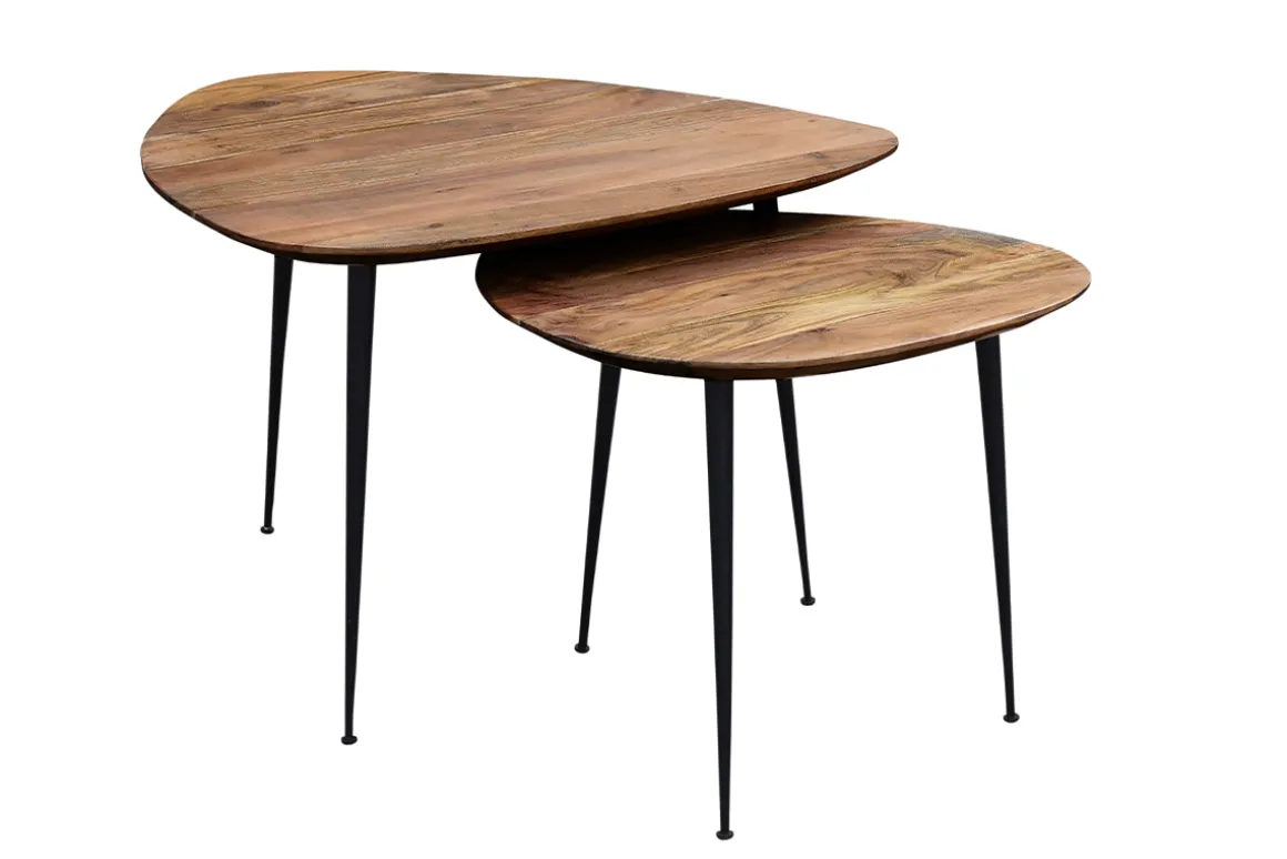 Miliboo Table Basse-Tables basses gigognes bois massif et métal noir (lot de 2) STONES
