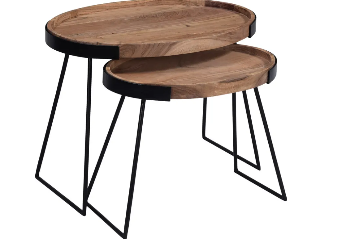 Miliboo Table Basse|Table D'appoint-Tables basses gigognes bois massif et métal noir (lot de 2) ELAVO