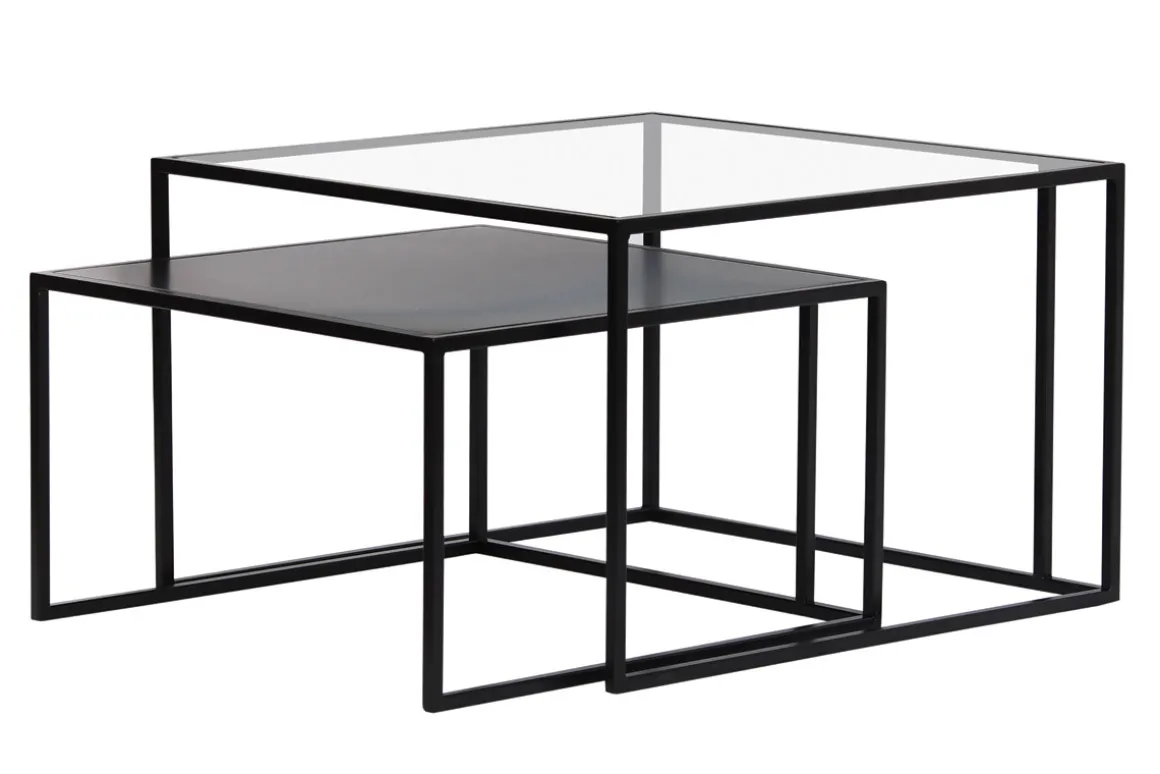 Miliboo Table Basse-Tables basses gigognes carrées design verre trempé et métal noir (lot de 2) TAHL