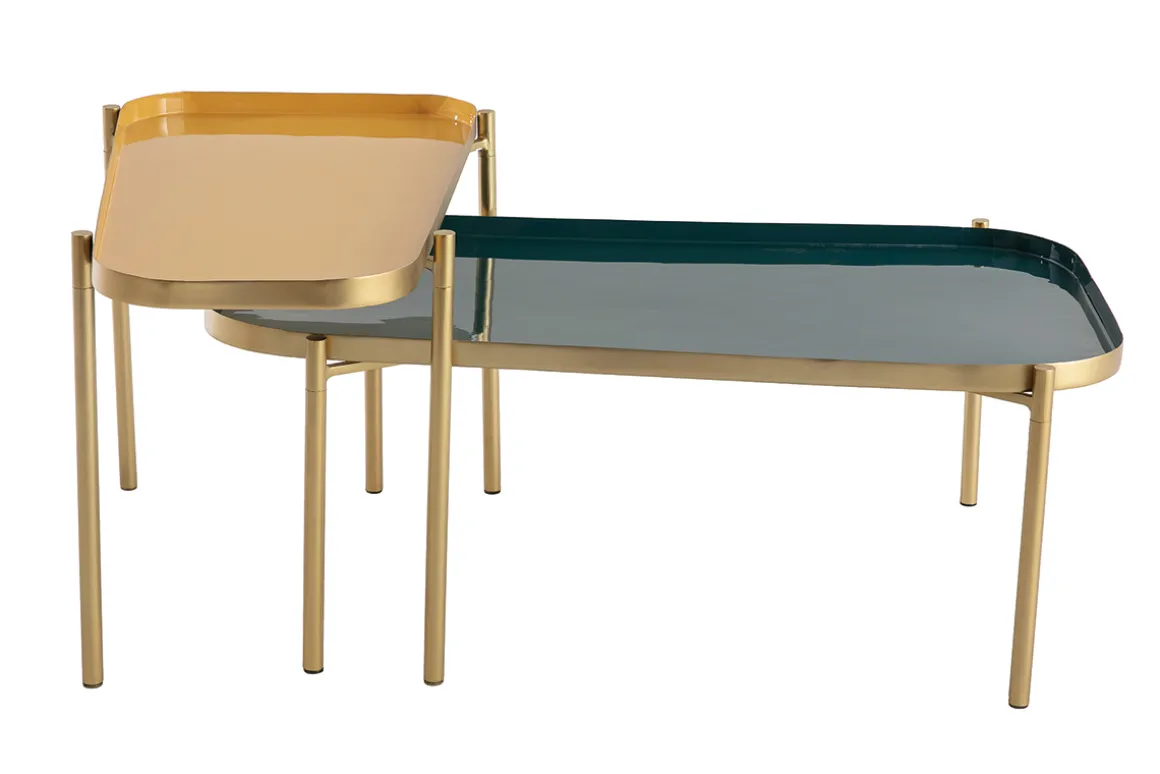 Miliboo Table Basse-Tables basses gigognes design laquées bleu, jaune et doré (lot de 2) ZURIA