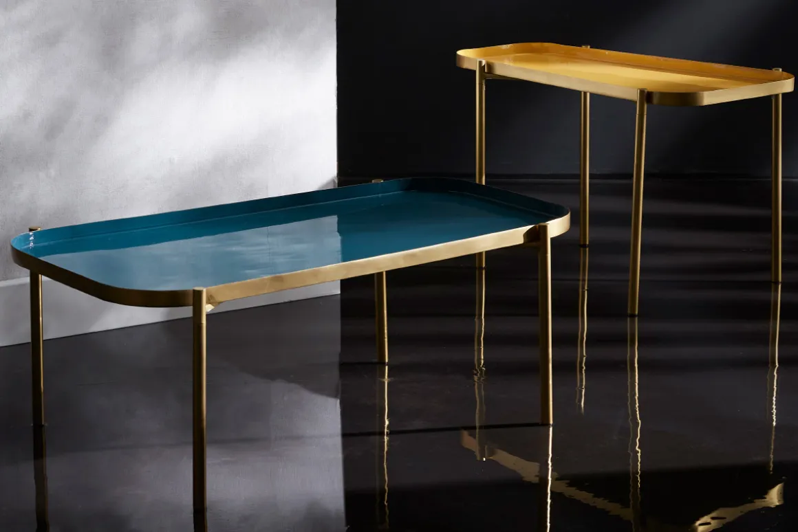 Miliboo Table Basse-Tables basses gigognes design laquées bleu, jaune et doré (lot de 2) ZURIA