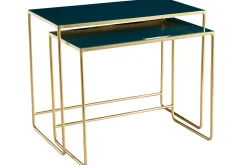 Miliboo Table Basse|Table D'appoint-Tables basses gigognes rectangulaires design bleu pétrole et métal doré (lot de 2) WESS