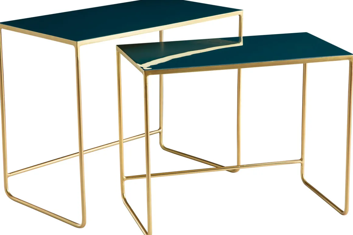Miliboo Table Basse|Table D'appoint-Tables basses gigognes rectangulaires design bleu pétrole et métal doré (lot de 2) WESS