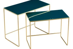 Miliboo Table Basse|Table D'appoint-Tables basses gigognes rectangulaires design bleu pétrole et métal doré (lot de 2) WESS