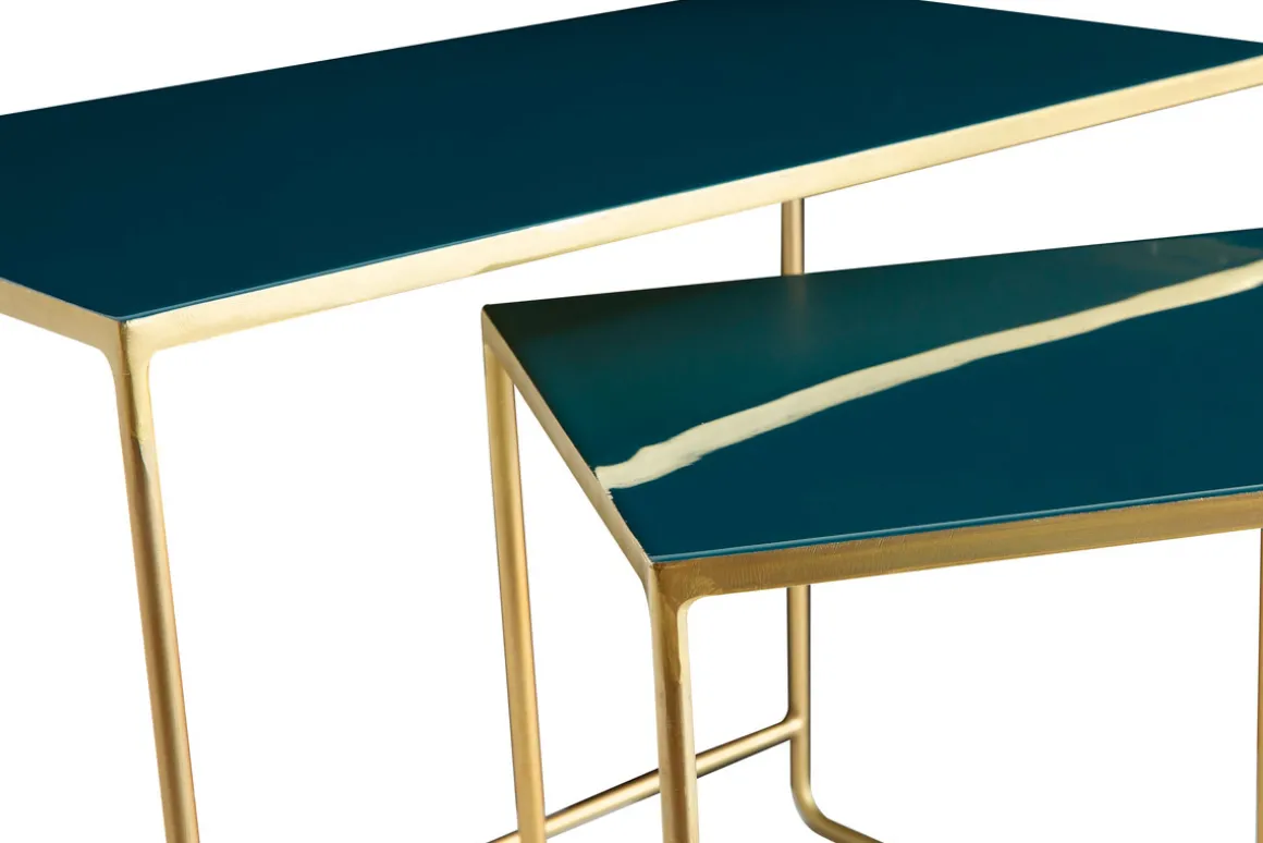 Miliboo Table Basse|Table D'appoint-Tables basses gigognes rectangulaires design bleu pétrole et métal doré (lot de 2) WESS