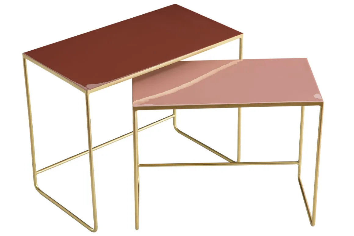 Miliboo Table Basse|Table D'appoint-Tables basses gigognes rectangulaires design terracotta, rose et métal doré (lot de 2) WESS