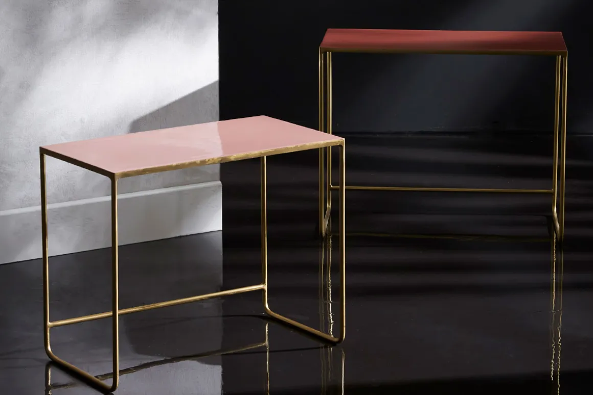 Miliboo Table Basse|Table D'appoint-Tables basses gigognes rectangulaires design terracotta, rose et métal doré (lot de 2) WESS