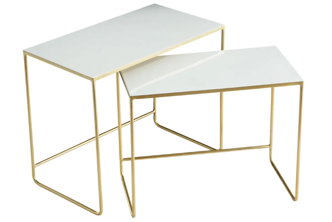 Miliboo Table Basse|Table D'appoint-Tables basses gigognes rectangulaires design blanc et métal doré (lot de 2) WESS