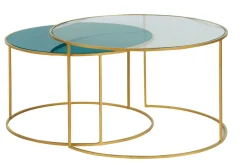 Miliboo Table Basse-Tables basses gigognes rondes design métal doré et verre teinté bleu pétrole (lot de 2) ROXO