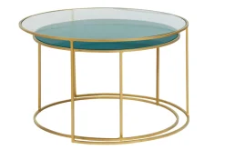 Miliboo Table Basse-Tables basses gigognes rondes design métal doré et verre teinté bleu pétrole (lot de 2) ROXO