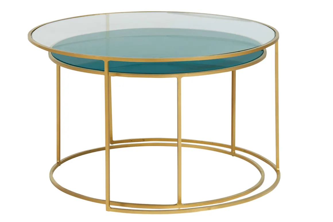 Miliboo Table Basse-Tables basses gigognes rondes design métal doré et verre teinté bleu pétrole (lot de 2) ROXO