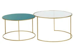 Miliboo Table Basse-Tables basses gigognes rondes design métal doré et verre teinté bleu pétrole (lot de 2) ROXO