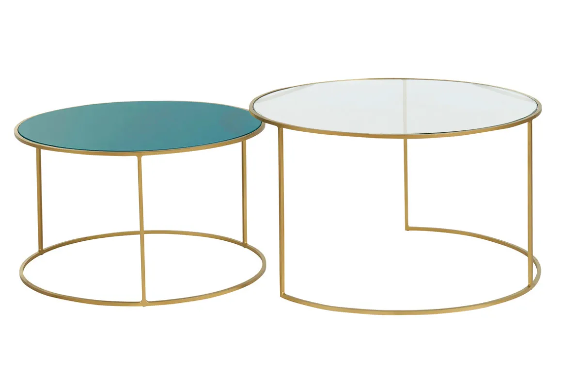 Miliboo Table Basse-Tables basses gigognes rondes design métal doré et verre teinté bleu pétrole (lot de 2) ROXO