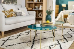 Miliboo Table Basse-Tables basses gigognes rondes design métal doré et verre teinté bleu pétrole (lot de 2) ROXO