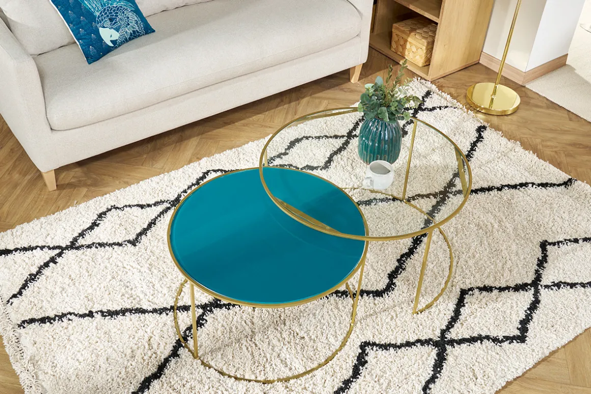 Miliboo Table Basse-Tables basses gigognes rondes design métal doré et verre teinté bleu pétrole (lot de 2) ROXO
