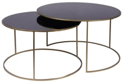 Miliboo Table Basse-Tables basses gigognes rondes design métal doré et verre teinté noir (lot de 2) ROXO