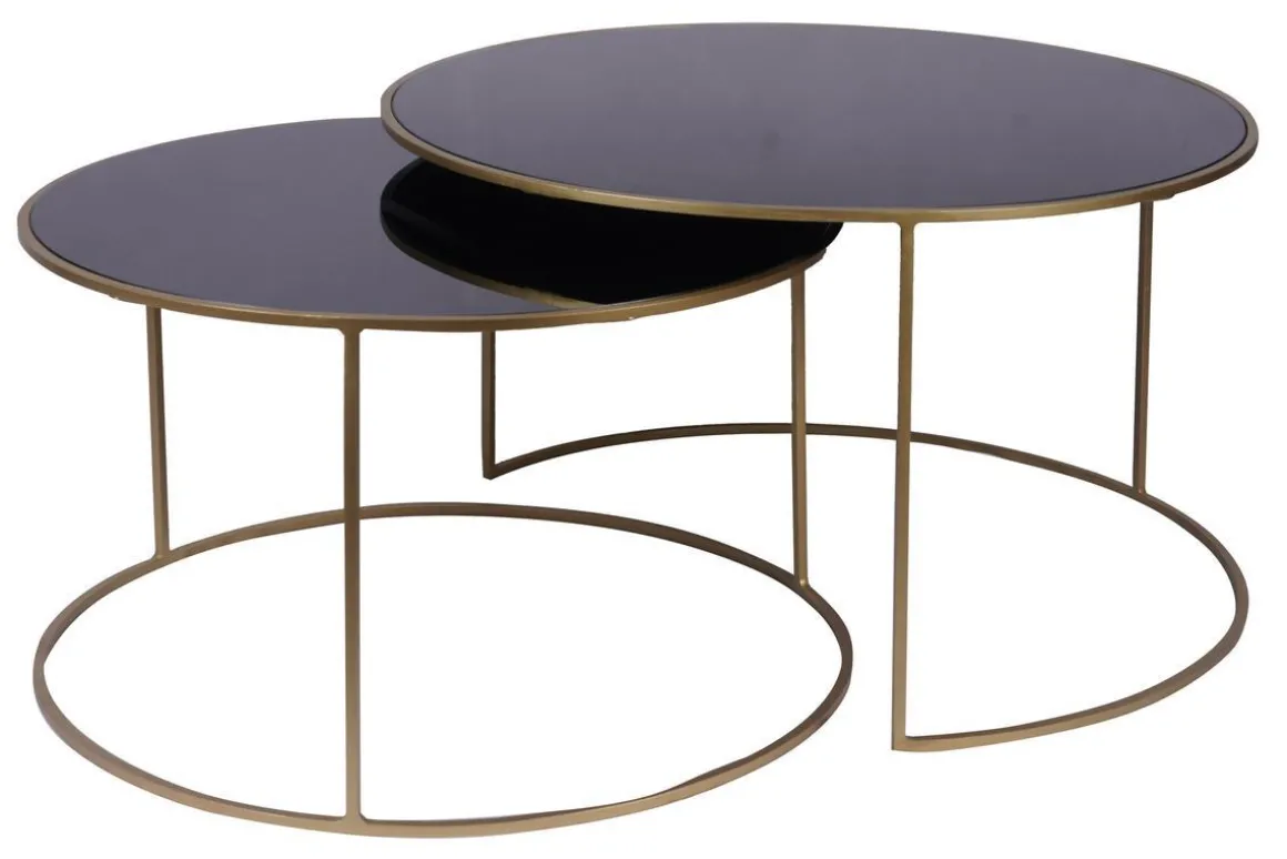 Miliboo Table Basse-Tables basses gigognes rondes design métal doré et verre teinté noir (lot de 2) ROXO