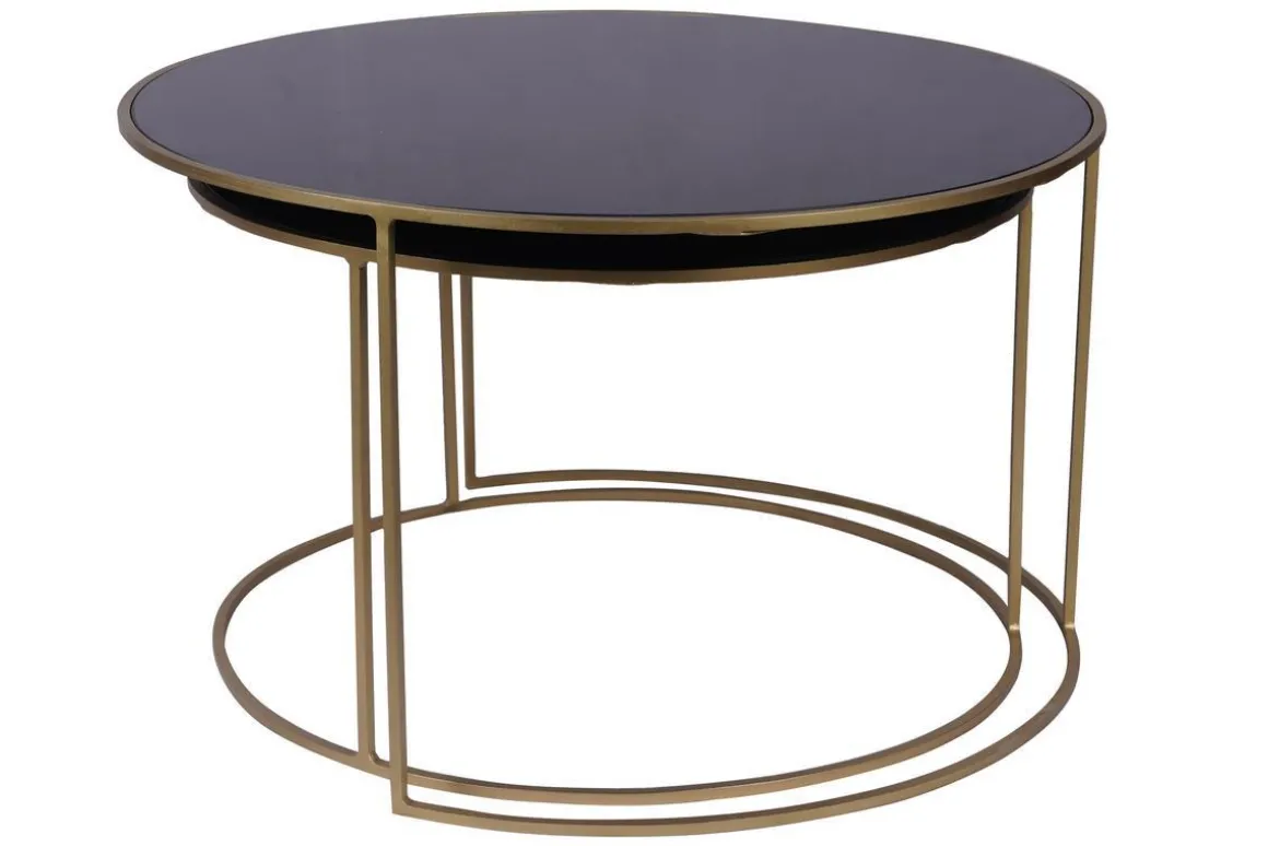 Miliboo Table Basse-Tables basses gigognes rondes design métal doré et verre teinté noir (lot de 2) ROXO
