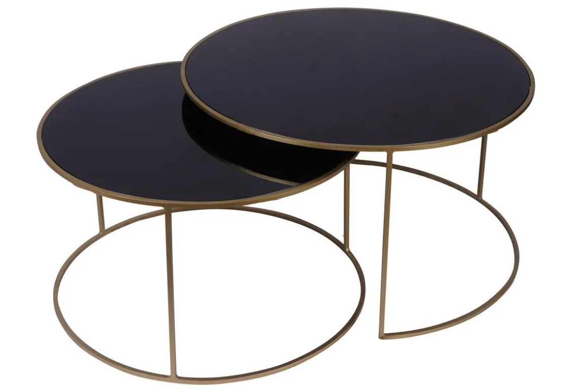 Miliboo Table Basse-Tables basses gigognes rondes design métal doré et verre teinté noir (lot de 2) ROXO