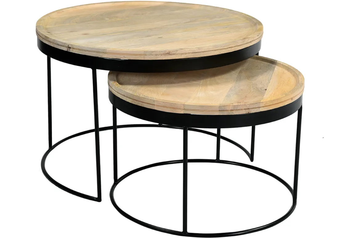 Miliboo Table Basse-Tables basses gigognes rondes bois manguier massif et métal noir (lot de 2) LEDGE