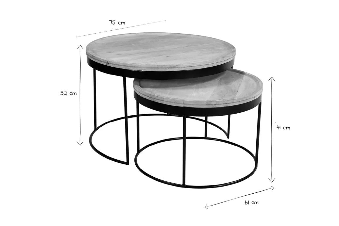Miliboo Table Basse-Tables basses gigognes rondes bois manguier massif et métal noir (lot de 2) LEDGE