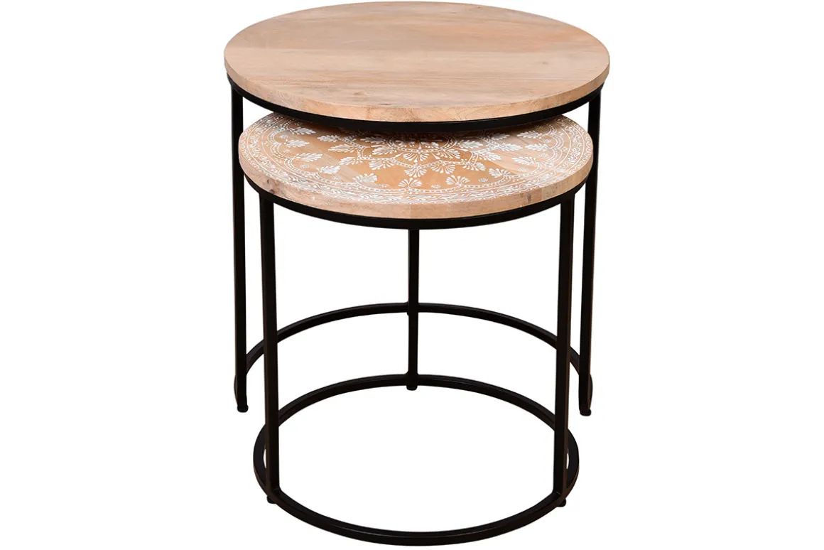 Miliboo Table Basse-Tables basses gigognes rondes bois manguier massif et métal noir (lot de 2) TOGETHER