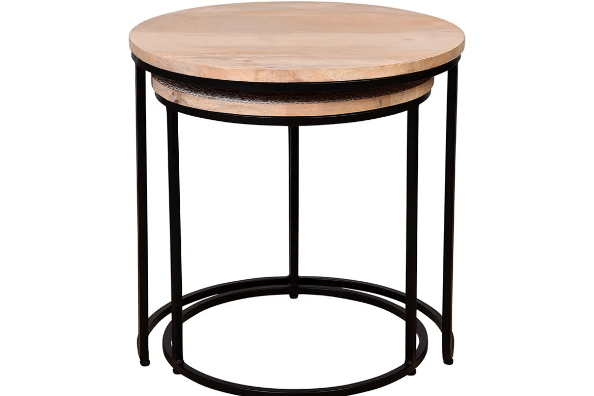 Miliboo Table Basse-Tables basses gigognes rondes bois manguier massif et métal noir (lot de 2) TOGETHER
