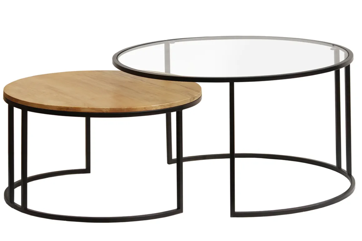 Miliboo Table Basse-Tables basses gigognes rondes verre trempé, bois manguier massif et métal noir (lot de 2) TAHL