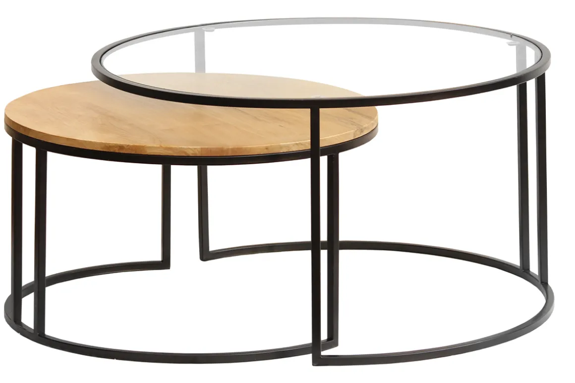 Miliboo Table Basse-Tables basses gigognes rondes verre trempé, bois manguier massif et métal noir (lot de 2) TAHL