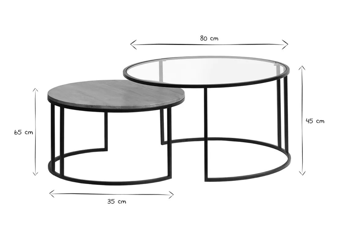 Miliboo Table Basse-Tables basses gigognes rondes verre trempé, bois manguier massif et métal noir (lot de 2) TAHL
