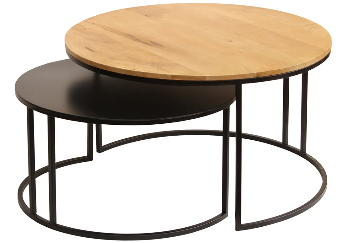 Miliboo Table Basse-Tables basses gigognes rondes bois manguier massif et métal noir (lot de 2) TAHL