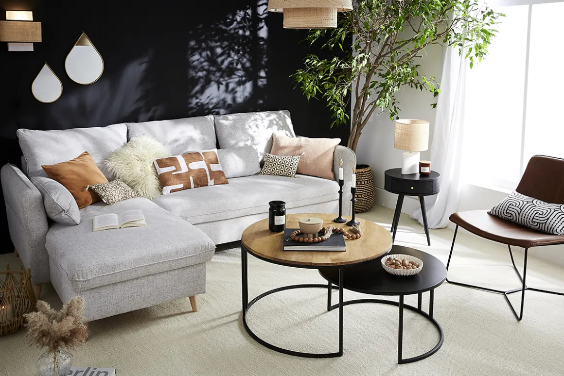 Miliboo Table Basse-Tables basses gigognes rondes bois manguier massif et métal noir (lot de 2) TAHL