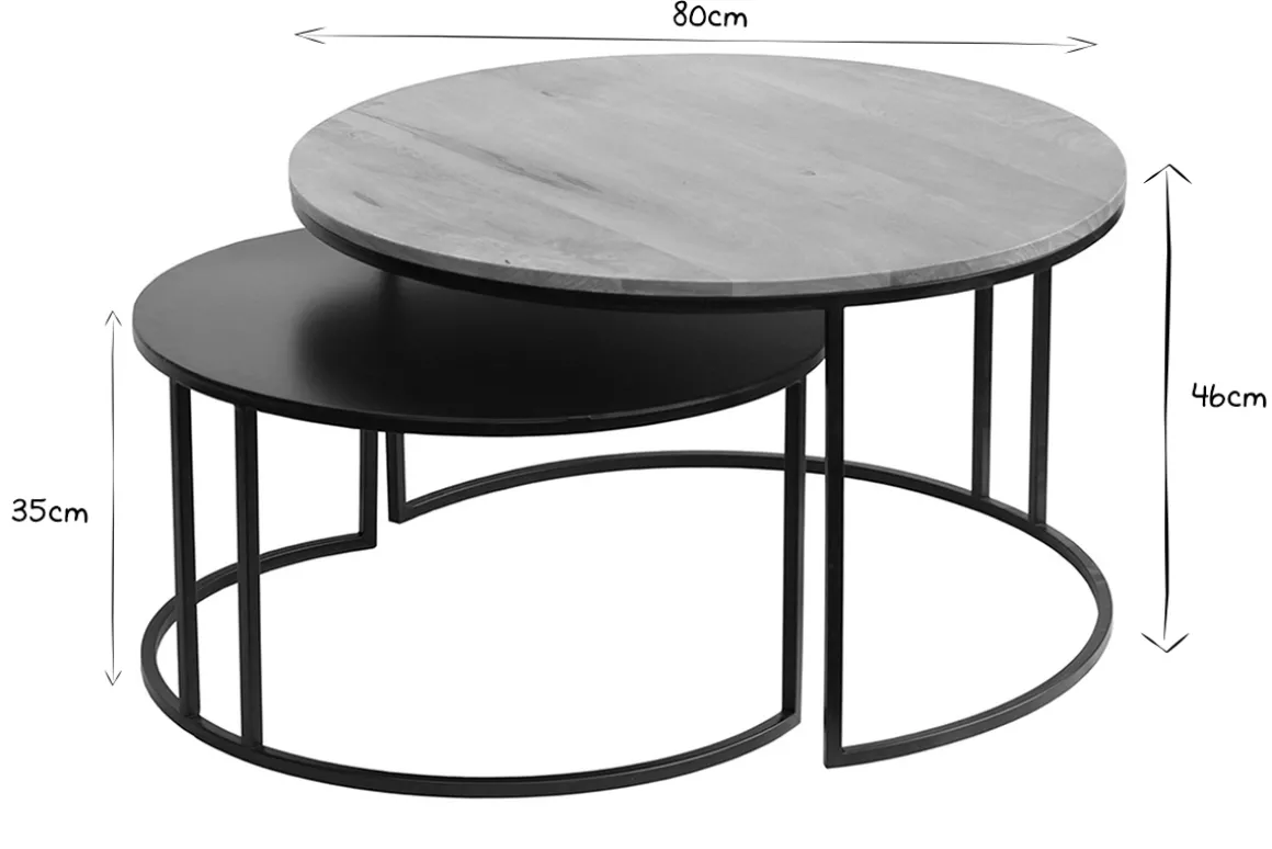 Miliboo Table Basse-Tables basses gigognes rondes bois manguier massif et métal noir (lot de 2) TAHL