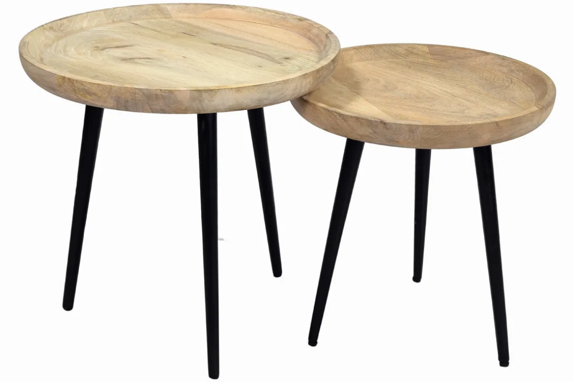 Miliboo Table Basse-Tables basses gigognes rondes bois manguier massif et métal noir (lot de 2) PYTA